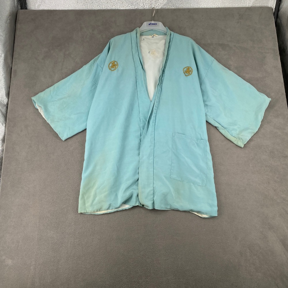 Vintage Japanese Silk Haori Kimono Jacket Light Blue Gold Embroidered‎ Crests